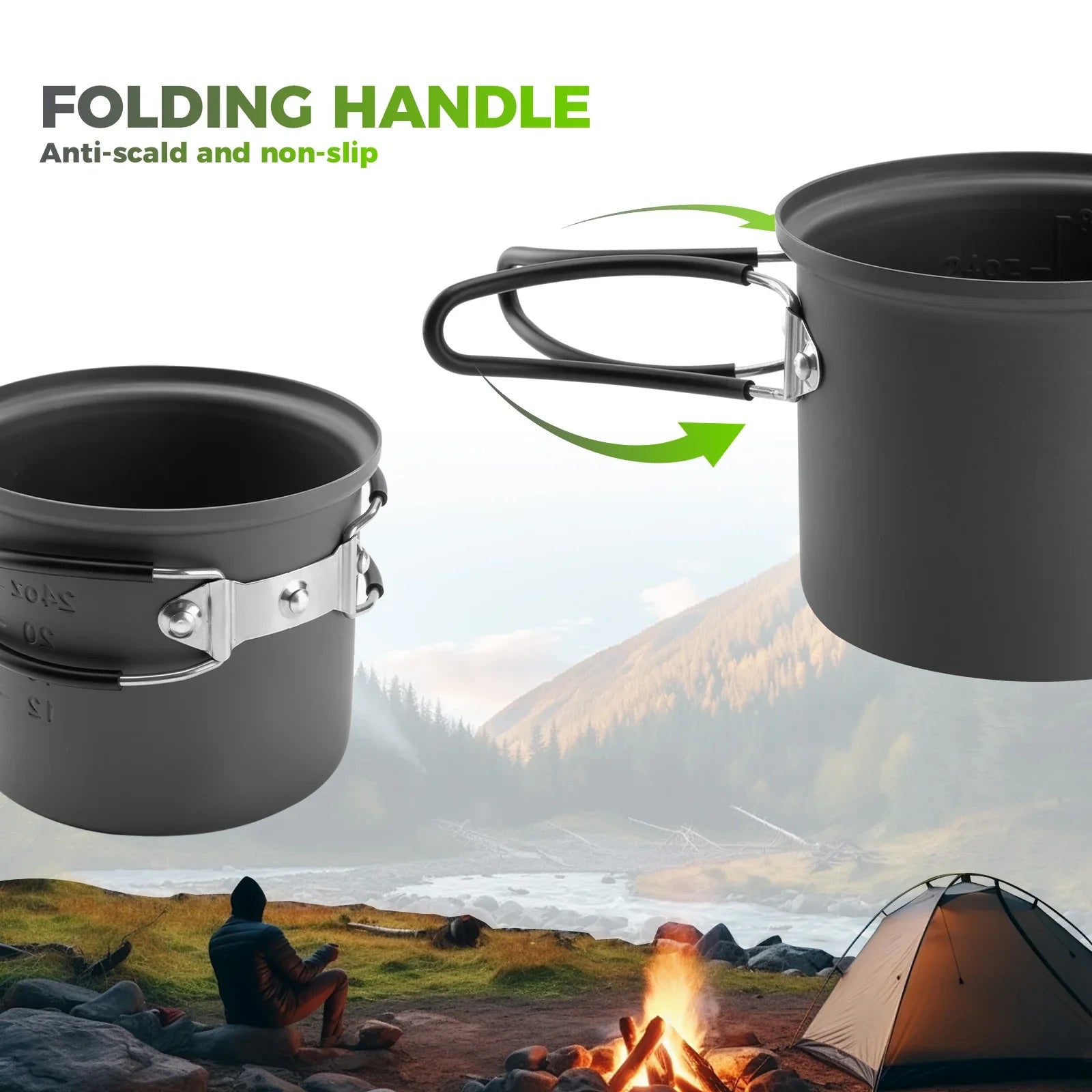 Ultra Light Aluminum Camping Cookware Set Nestable Handle Design
