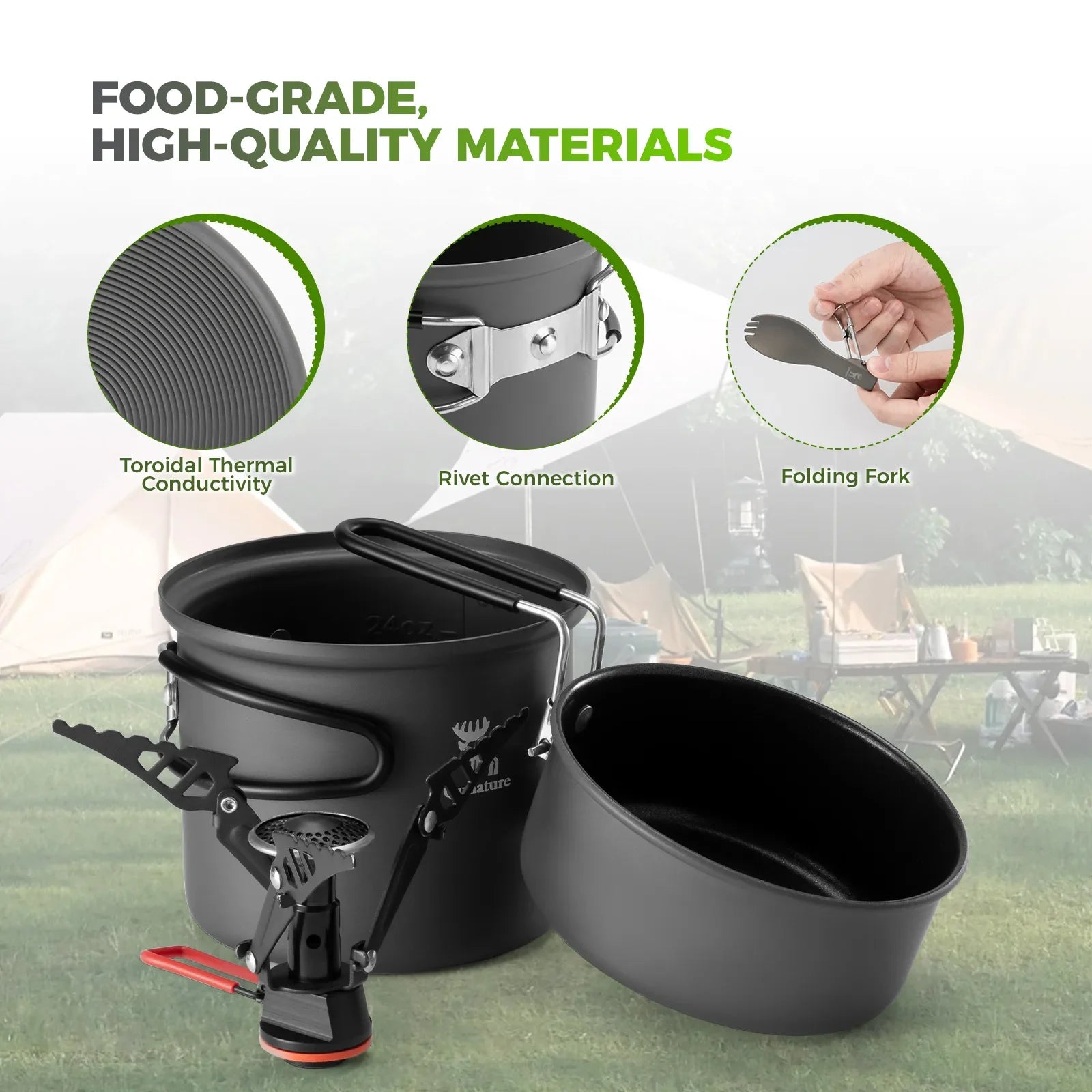 Ultra Light Aluminum Camping Cookware Set Nestable Handle Design