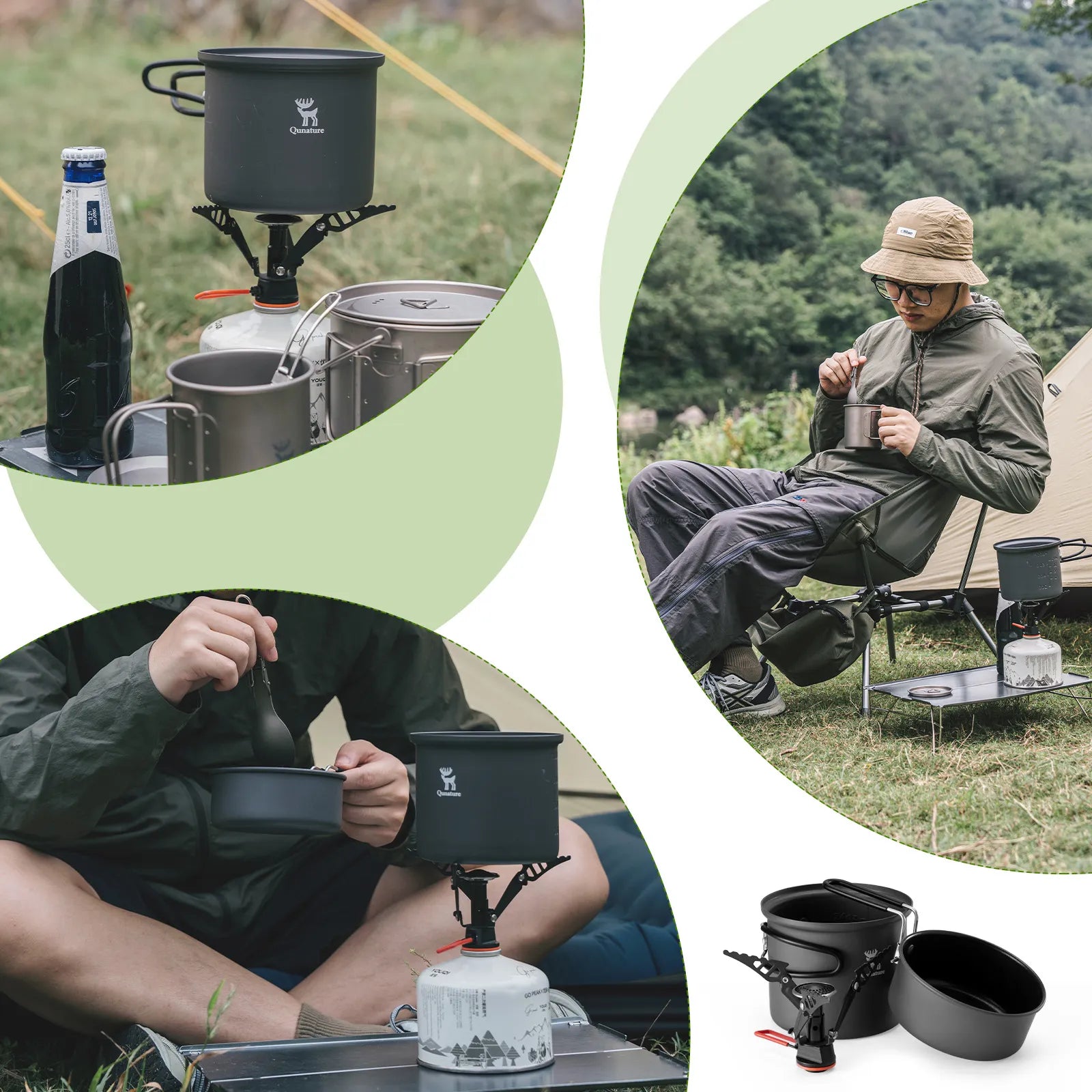 Ultra Light Aluminum Camping Cookware Set Nestable Handle Design